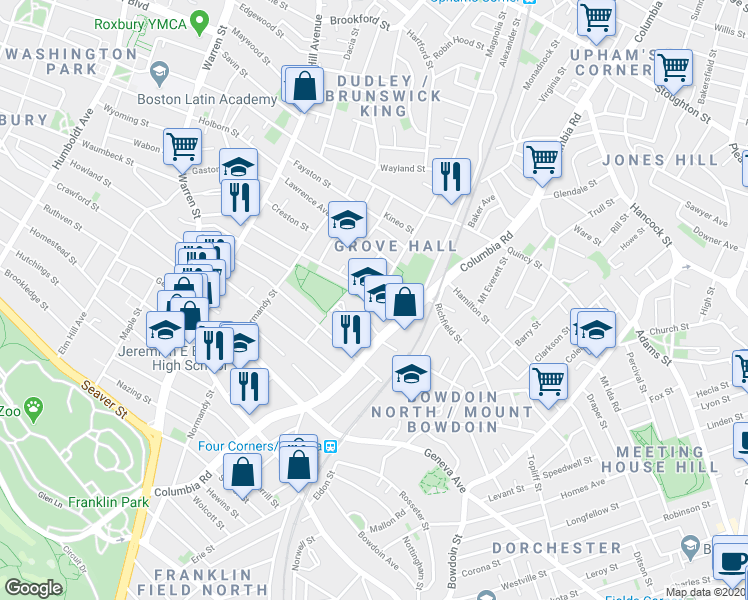 map of restaurants, bars, coffee shops, grocery stores, and more near 264-272 Columbia Road in Boston