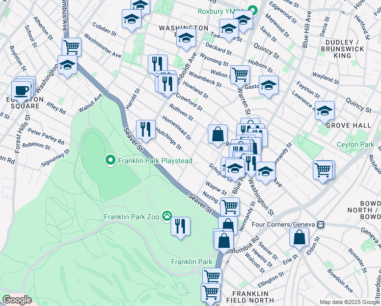 map of restaurants, bars, coffee shops, grocery stores, and more near 107-109 Elm Hill Avenue in Boston