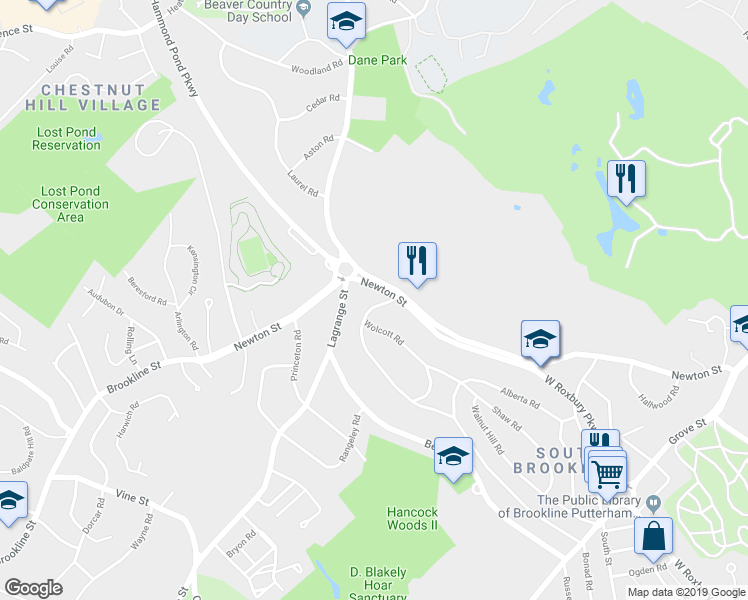 map of restaurants, bars, coffee shops, grocery stores, and more near 14 Wolcott Road in Brookline