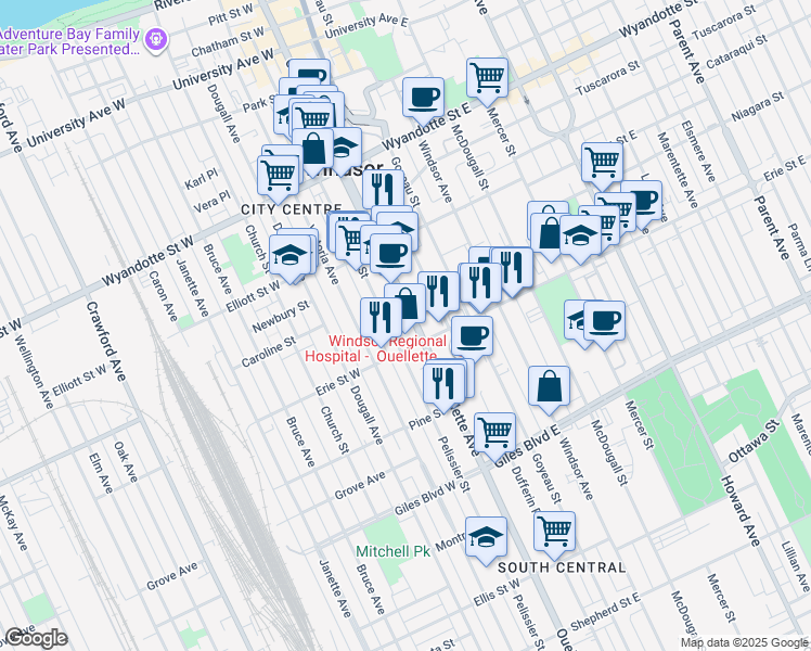 map of restaurants, bars, coffee shops, grocery stores, and more near 991 Ouellette Avenue in Windsor