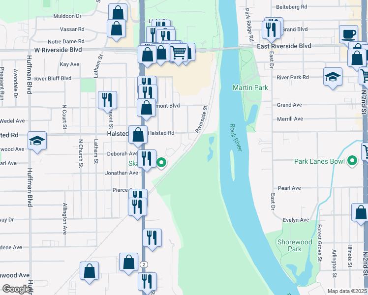 map of restaurants, bars, coffee shops, grocery stores, and more near 3359 Sun Valley Terrace in Rockford