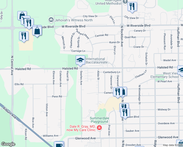 map of restaurants, bars, coffee shops, grocery stores, and more near 3308 Sablewood Drive in Rockford