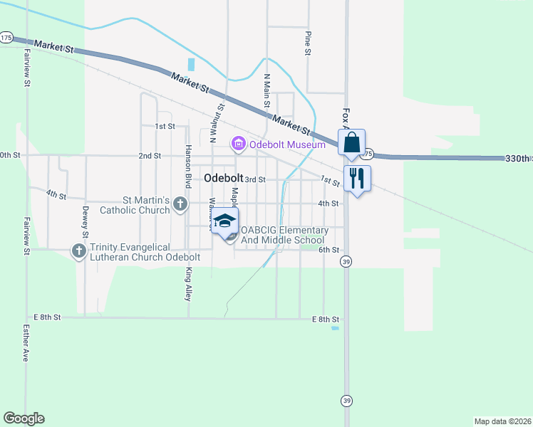 map of restaurants, bars, coffee shops, grocery stores, and more near in Odebolt