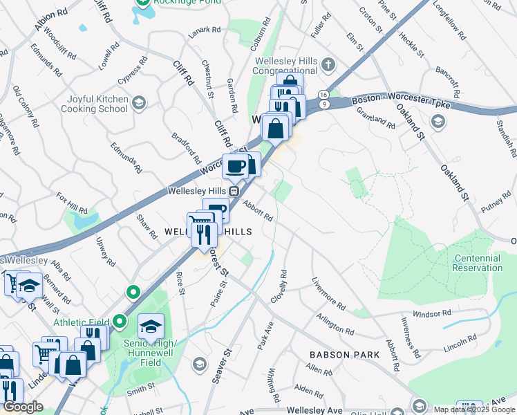 map of restaurants, bars, coffee shops, grocery stores, and more near 11 Bemis Road in Wellesley