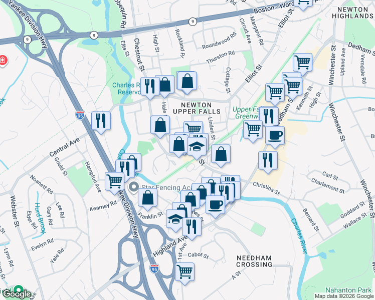 map of restaurants, bars, coffee shops, grocery stores, and more near 1208 Chestnut Street in Newton