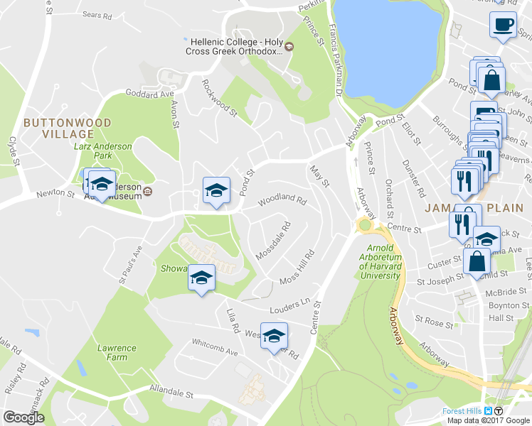 map of restaurants, bars, coffee shops, grocery stores, and more near 63 Mossdale Road in Boston