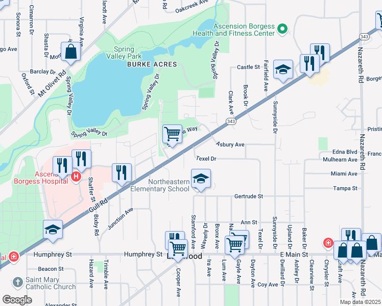 map of restaurants, bars, coffee shops, grocery stores, and more near 2408 Texel Drive in Kalamazoo