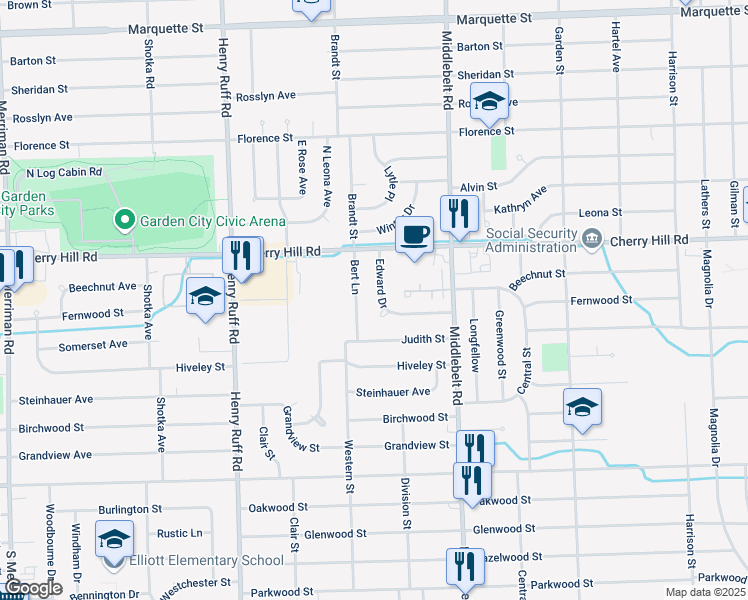 map of restaurants, bars, coffee shops, grocery stores, and more near 29549 Edward Drive in Inkster
