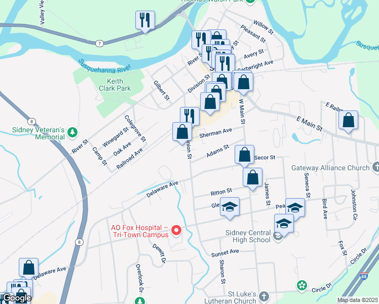 map of restaurants, bars, coffee shops, grocery stores, and more near 39 Union Street in Sidney