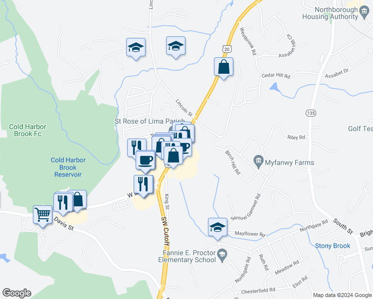 map of restaurants, bars, coffee shops, grocery stores, and more near 243 West Main Street in Northborough