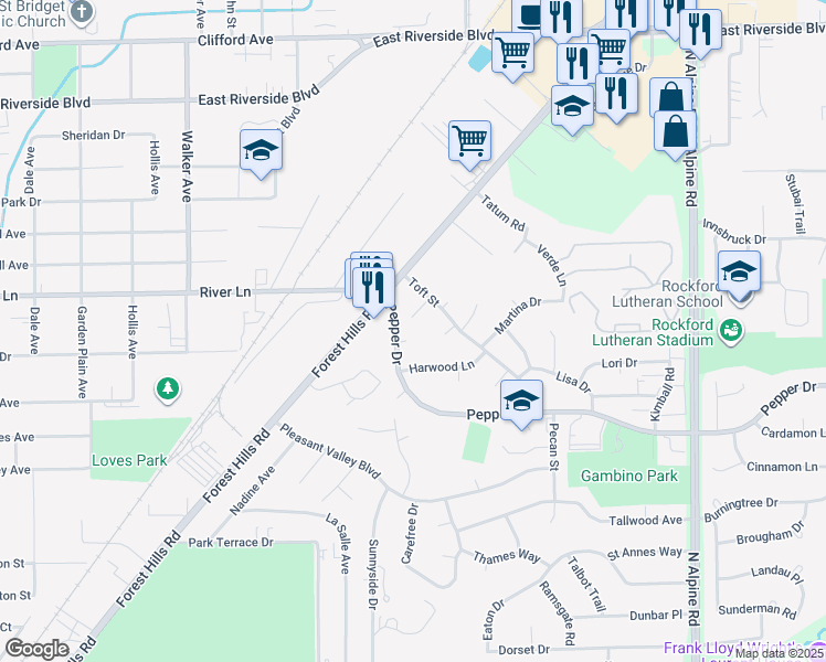 map of restaurants, bars, coffee shops, grocery stores, and more near 3753 Gina Terrace in Rockford