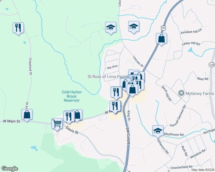 map of restaurants, bars, coffee shops, grocery stores, and more near 10 Cyrus Way in Northborough