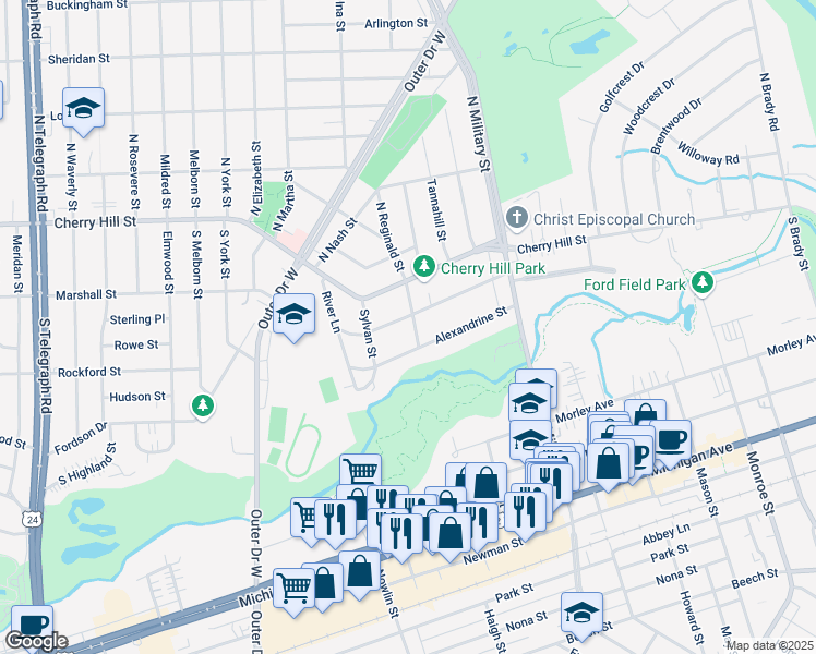 map of restaurants, bars, coffee shops, grocery stores, and more near 22826 Alexandrine Street in Dearborn
