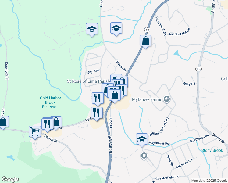 map of restaurants, bars, coffee shops, grocery stores, and more near 254 West Main Street in Northborough
