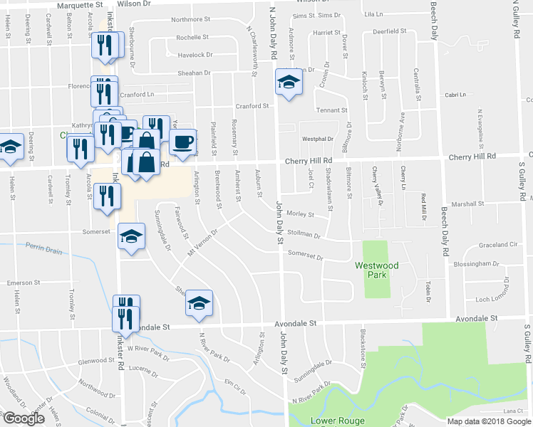 map of restaurants, bars, coffee shops, grocery stores, and more near 260 Auburn Street in Inkster