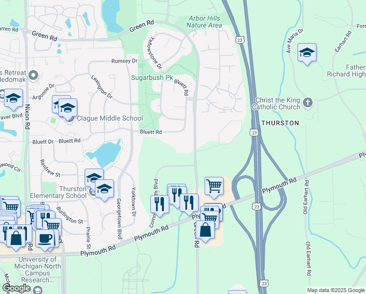 map of restaurants, bars, coffee shops, grocery stores, and more near 2311 Green Road in Ann Arbor