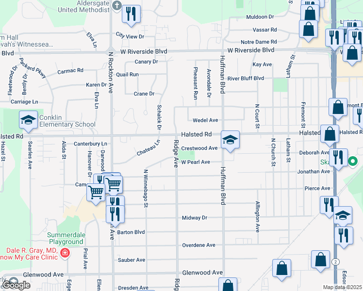 map of restaurants, bars, coffee shops, grocery stores, and more near 2019 Crestwood Avenue in Rockford