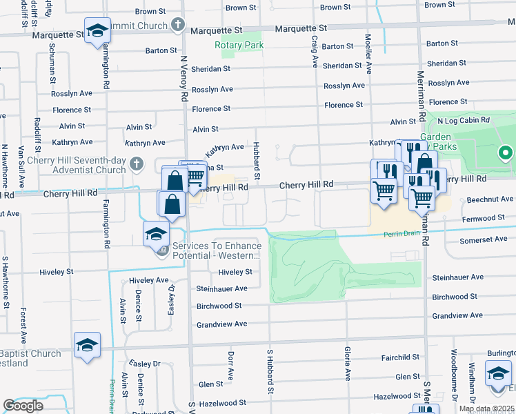 map of restaurants, bars, coffee shops, grocery stores, and more near 332 South Hubbard Court in Westland