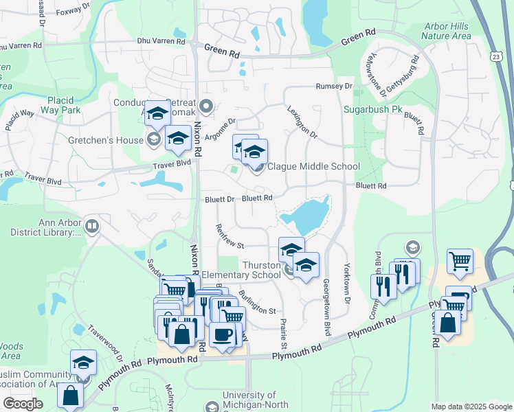 map of restaurants, bars, coffee shops, grocery stores, and more near 2625 Shefman Terrace in Ann Arbor
