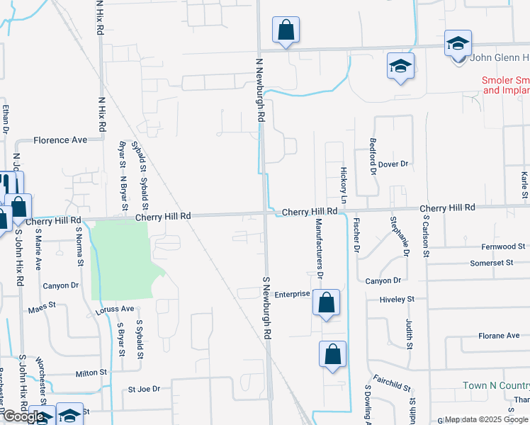 map of restaurants, bars, coffee shops, grocery stores, and more near Cherry Hill Rd & N Newburgh Rd in Westland