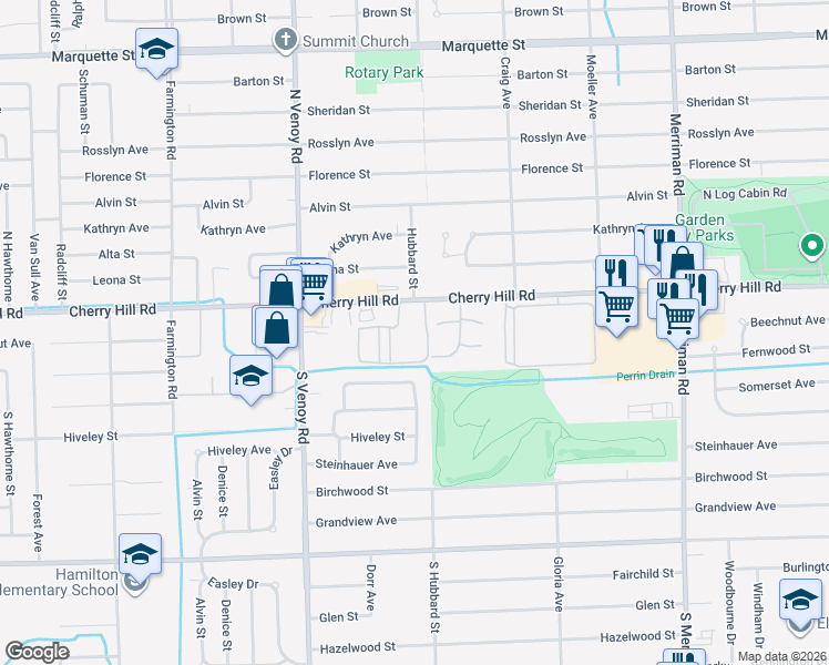 map of restaurants, bars, coffee shops, grocery stores, and more near 233 South Hubbard Court in Westland