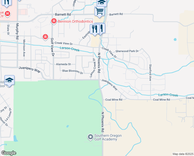 map of restaurants, bars, coffee shops, grocery stores, and more near 1510 North Phoenix Road in Medford