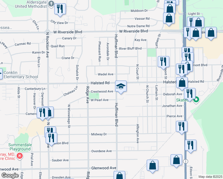 map of restaurants, bars, coffee shops, grocery stores, and more near 1809 Crestwood Avenue in Rockford