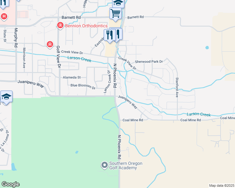 map of restaurants, bars, coffee shops, grocery stores, and more near 1510 North Phoenix Road in Medford