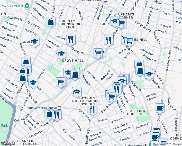 map of restaurants, bars, coffee shops, grocery stores, and more near 29 Hamilton Street in Boston