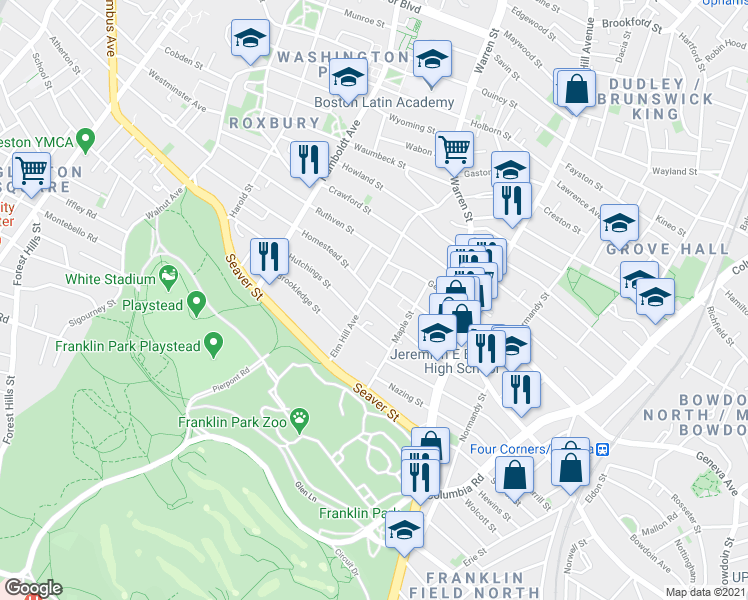 map of restaurants, bars, coffee shops, grocery stores, and more near 36 Schuyler Street in Boston