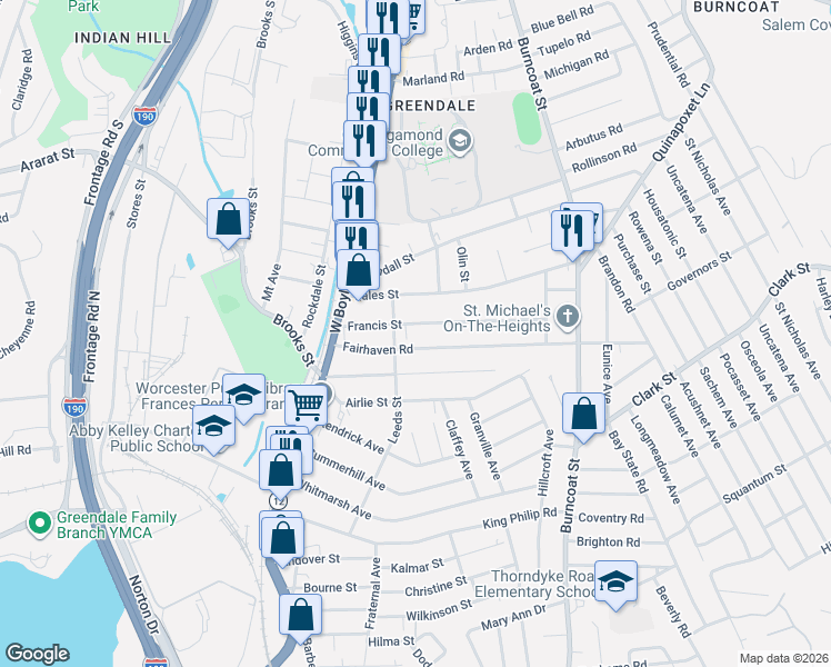 map of restaurants, bars, coffee shops, grocery stores, and more near 40 Fairhaven Road in Worcester