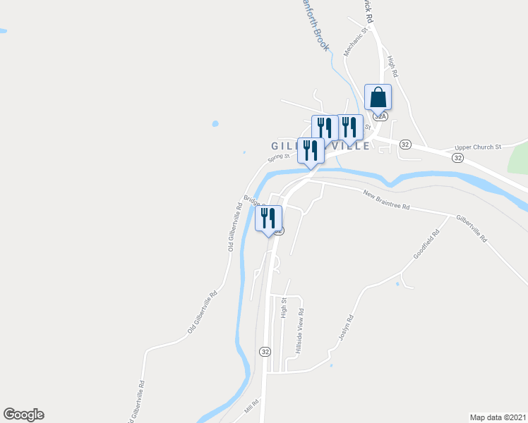 map of restaurants, bars, coffee shops, grocery stores, and more near 232 Main Street in New Braintree