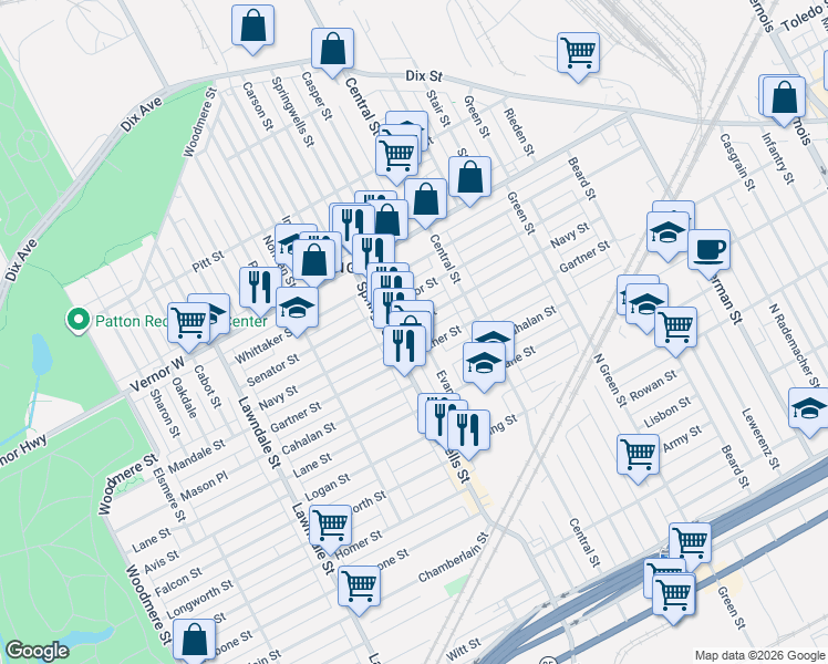 map of restaurants, bars, coffee shops, grocery stores, and more near 1916 Springwells Street in Detroit