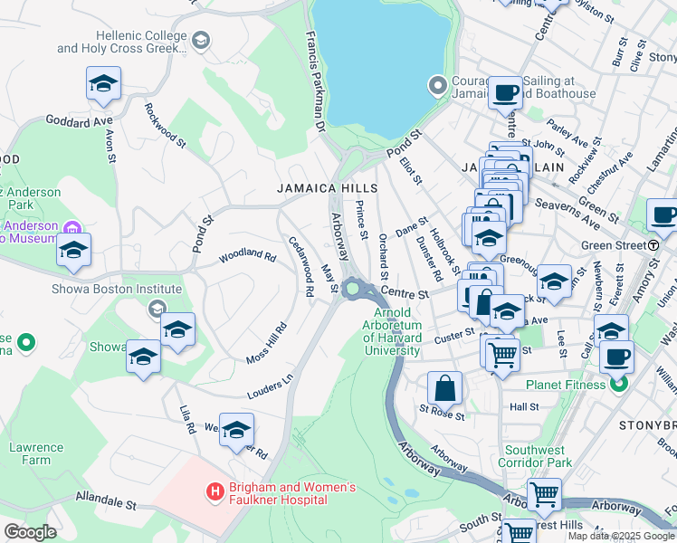 map of restaurants, bars, coffee shops, grocery stores, and more near 81 Arborway in Boston