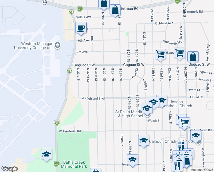 map of restaurants, bars, coffee shops, grocery stores, and more near 95 North 30th Street in Battle Creek