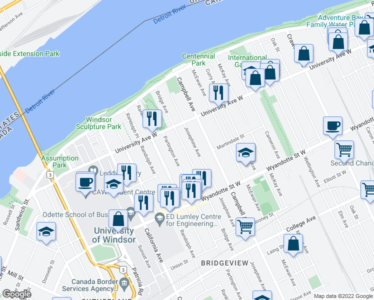 map of restaurants, bars, coffee shops, grocery stores, and more near 366 Bridge Avenue in Windsor