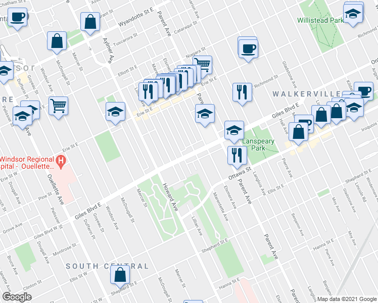 map of restaurants, bars, coffee shops, grocery stores, and more near 764 Giles Boulevard East in Windsor