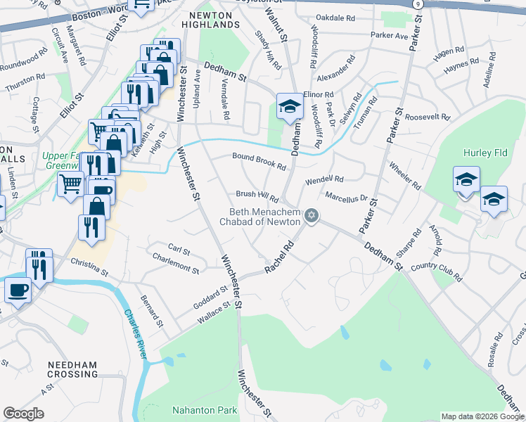 map of restaurants, bars, coffee shops, grocery stores, and more near 32 Druid Hill Road in Newton