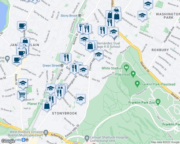 map of restaurants, bars, coffee shops, grocery stores, and more near Forest Hills St & Woodside Ave in Boston