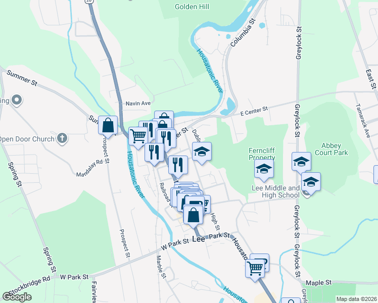 map of restaurants, bars, coffee shops, grocery stores, and more near 2-98 Ferncliff Avenue in Lee