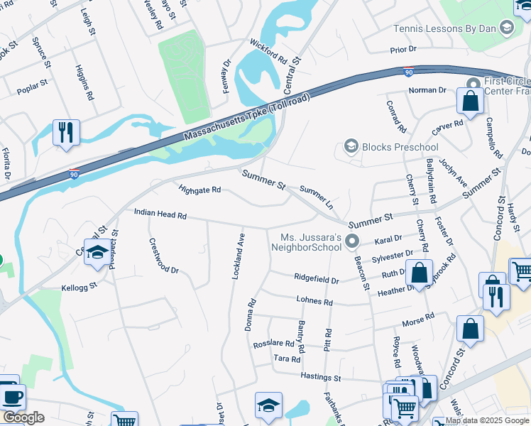 map of restaurants, bars, coffee shops, grocery stores, and more near 104 Indian Head Road in Framingham