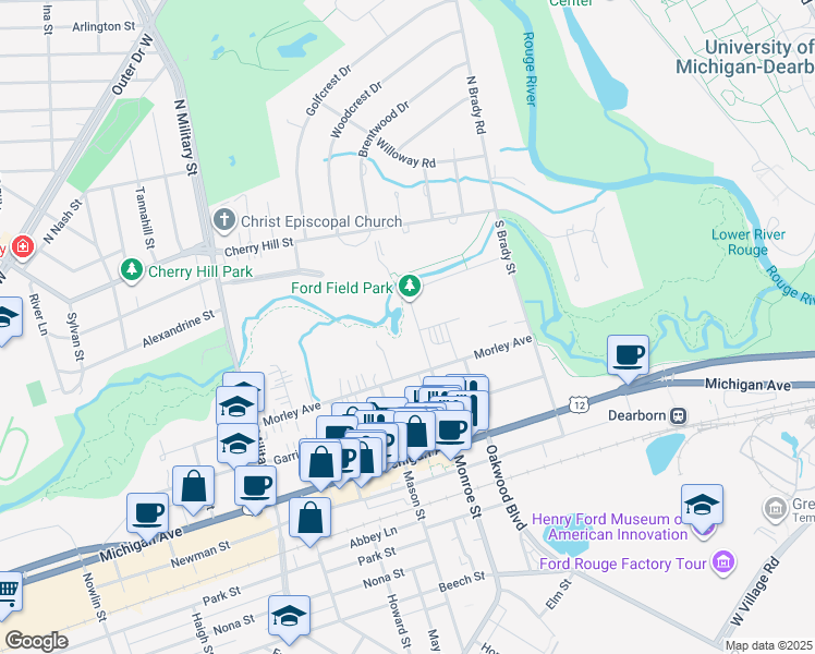 map of restaurants, bars, coffee shops, grocery stores, and more near 500 Monroe Street in Dearborn