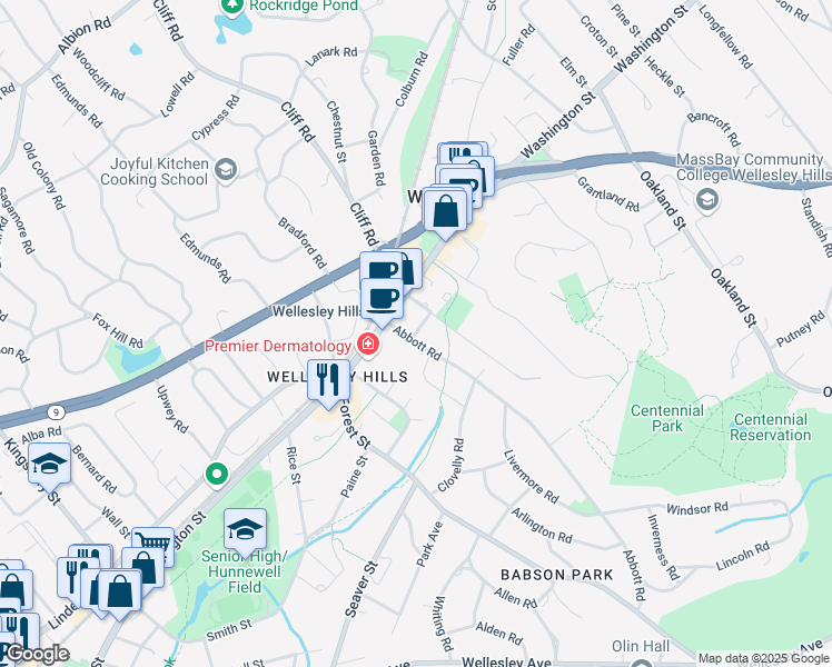 map of restaurants, bars, coffee shops, grocery stores, and more near 22 Bemis Road in Wellesley
