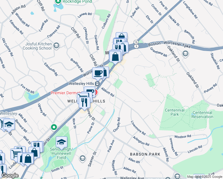 map of restaurants, bars, coffee shops, grocery stores, and more near 23 Abbott Road in Wellesley