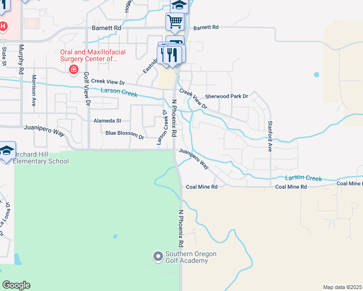 map of restaurants, bars, coffee shops, grocery stores, and more near 3503 Juanipero Way in Medford