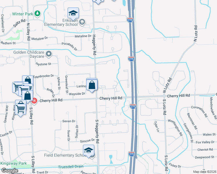 map of restaurants, bars, coffee shops, grocery stores, and more near 41376 Williamsburg Boulevard in Canton