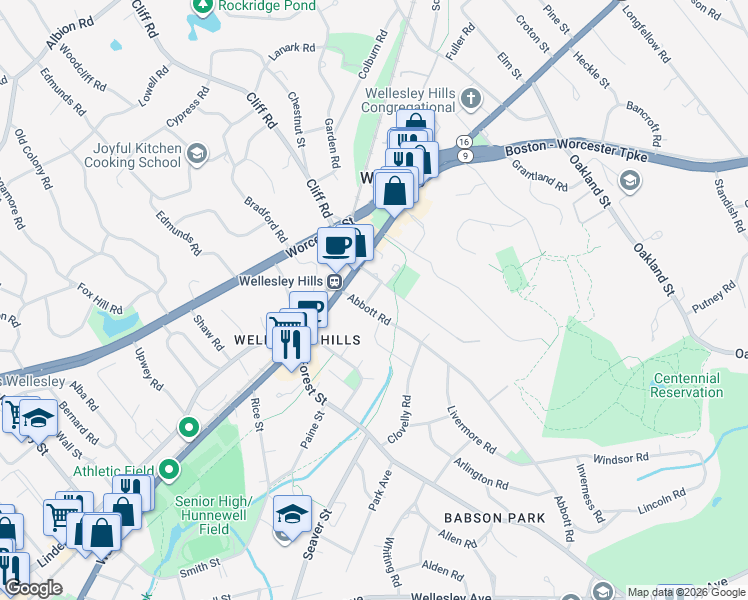 map of restaurants, bars, coffee shops, grocery stores, and more near 5 Bemis Road in Wellesley