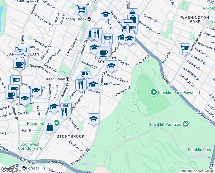 map of restaurants, bars, coffee shops, grocery stores, and more near 11 Rocky Nook Terrace in Boston