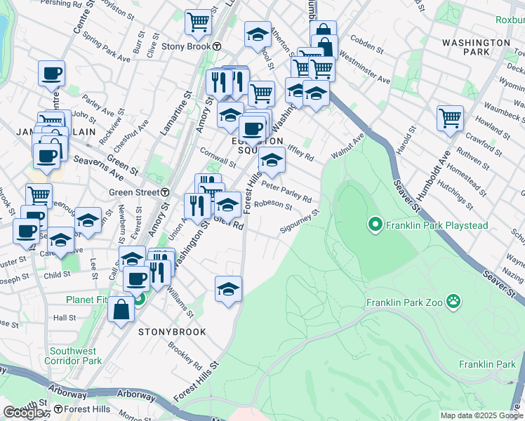 map of restaurants, bars, coffee shops, grocery stores, and more near 18 Robeson Street in Boston