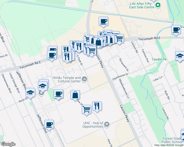map of restaurants, bars, coffee shops, grocery stores, and more near 7150 Hawthorne Drive in Windsor